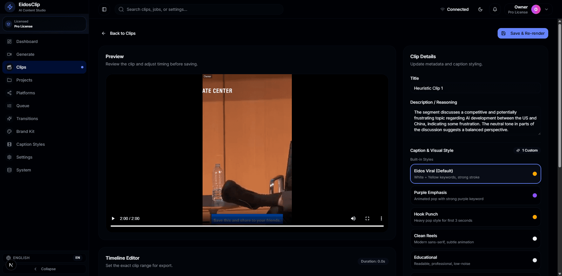 EidosClip clip editor with video preview and editing controls