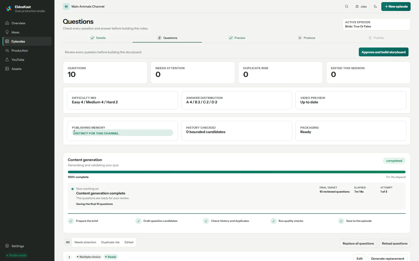 EidosKast question review with publishing-memory and duplicate-risk checks